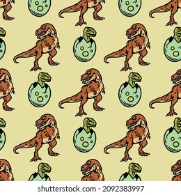 seamless pattern t-rex and eggs on a light brown background