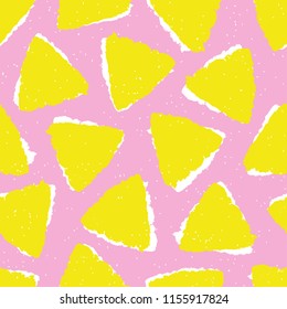 Seamless pattern with triangle brush painted on pink background. Abstract vector illustration in craft stamp style. Minimalistic cute backdrop.
