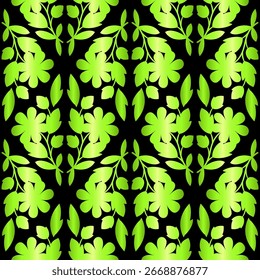 Seamless pattern of triangle floral motifs. Melting magic flowers ornament. Summer night inspiration floral decor. Neon green gradient flowers on black background