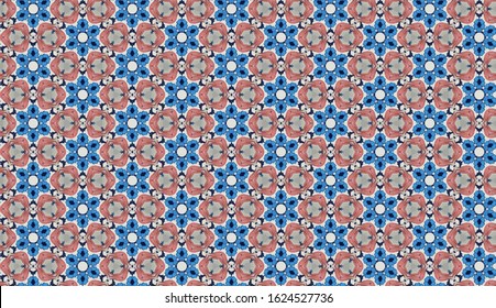 Seamless Pattern (Triangle shapes, White Star Light on Blue Textile, Wooden, Turkish Tiles Pattern)