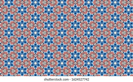 Seamless Pattern (Triangle shapes, White Star Light on Blue Textile, Wooden, Turkish Tiles Pattern)