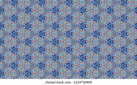 Seamless Pattern (Triangle shapes, White Star Light on Blue Textile, Wooden, Turkish Tiles Pattern)