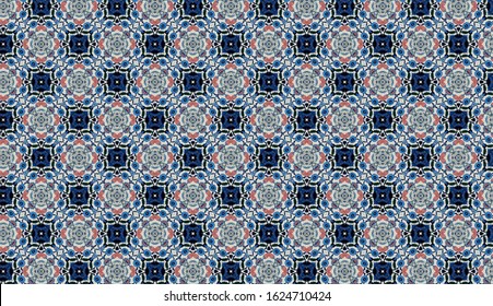 Seamless Pattern (Triangle shapes, White Star Light on Blue Textile, Wooden, Turkish Tiles Pattern)