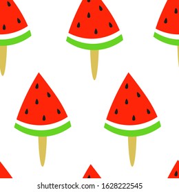 Seamless pattern of triangle slice of watermelon on ice cream stick in minimal flat style. Cute summer background for print on paper or fabric. 