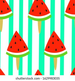 Seamless pattern of triangle slice of watermelon on ice cream stick on green striped baсkground in minimal flat style. Cute summer background for print on paper or fabric. 