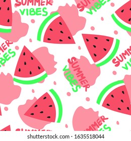 Seamless pattern of triangle slice of watermelon in minimal flat style and hand draw lettering summer vibes. Cute background for print on paper or fabric. 