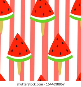 Seamless pattern of triangle slice of watermelon on ice cream stick on red striped baсkground in minimal flat style. Cute summer background for print on paper or fabric. 