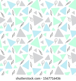 Seamless pattern with triangles. Blue, gray, menthol. Doodle leaves Vector illustration. Delicate colors
