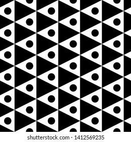 Seamless pattern. Triangles, circles ornament. Geometric backdrop. Simple shapes wallpaper. Figures background. Ethnic motif. Digital paper, textile print, web design, abstract. Vector.