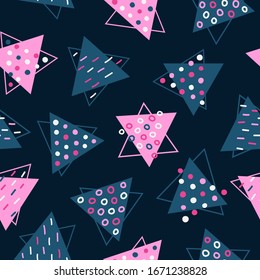 Seamless pattern. Triangles decorated with elements of dots and lines. Abstract harmonious background, pink and dark blue colors.
