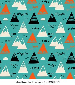 Seamless pattern with triangles. Decorative background with landscape elements. Abstract texture in naive style