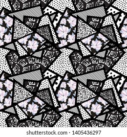 Seamless pattern of triangles flowers  with different textures drawn by hands-vector illustration.