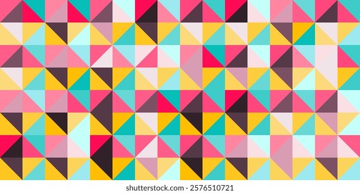 Seamless pattern of triangles forming diamonds with colorful colors. pink, blue, yellow, white, black. Vector