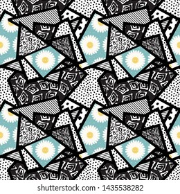 Seamless pattern of triangles memphis with different textures drawn by hands Daisy flower-vector illustration.