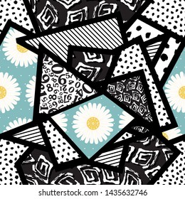 Seamless pattern of triangles memphis with different textures drawn by hands Daisy flower-vector illustration.