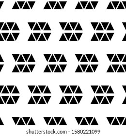 Seamless pattern. Triangles ornament. Geometrical backdrop. Triangular shapes wallpaper. Geometric figures background. Ethnic motif. Digital paper, textile print, web design, abstract. Vector artwork