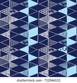 Seamless pattern of triangles. Texture paint freehand drawing. Stylish abstract background with arrows.