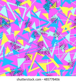  Seamless pattern with triangles in vaporwave colors.  Vector illustration.