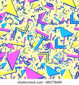  Seamless pattern with triangles in vaporwave colors.  Vector illustration.