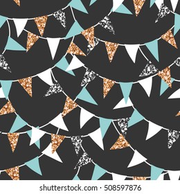Seamless pattern with triangular flags. Vector pattern with gold and silver glittering bunting on dark background. Holiday background for web design, greeting card and party decoration.