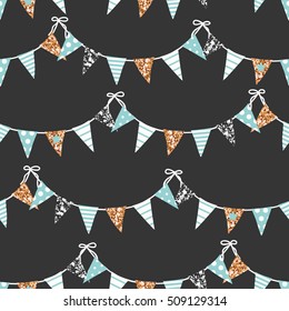 Seamless pattern with triangular flags. Vector pattern with gold and silver glittering bunting on dark background. Holiday background for web design, greeting card and party decoration.