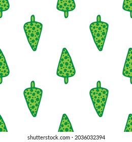 Seamless pattern of a triangular green Christmas tree. Vector pattern of a stylized Christmas tree drawn in doodle style with a pattern of dots and circles on a white background for a textile design 