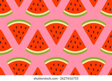 Seamless pattern with triangular watermelon slices in red and green on a soft pink background