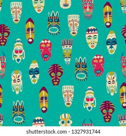 Seamless Pattern With Tribal African Masks. Bright Colors Vector Illustration. 