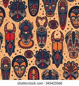 seamless pattern with tribal african masks, vector illustration