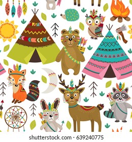 seamless pattern with tribal animals and elements - vector illustration, eps