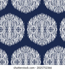 Seamless pattern Tribal Art Ikat Ogee in traditional classic blue and white colors. Boho style.