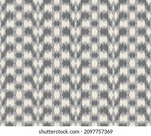 Seamless pattern Tribal Art Ikat Ogee in traditional grey black and white colors. Boho style.