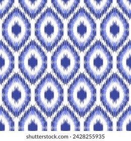 Seamless pattern Tribal Art Ikat Ogee in traditional classic blue and white colors. Boho style. Indian indigo