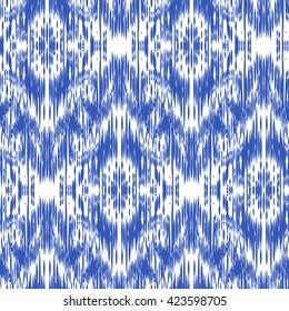 Seamless pattern Tribal Art  Ikat Ogee in traditional classic blue and white colors. Boho style.