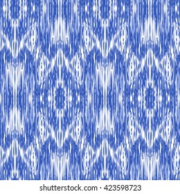 Seamless pattern Tribal Art  Ikat Ogee in traditional classic blue and white colors. Boho style.