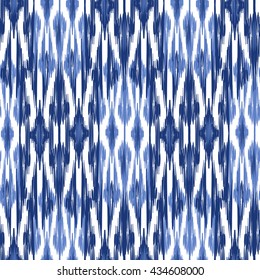 Seamless pattern Tribal Art Ikat Ogee in traditional classic blue and white colors. Boho style.