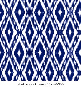 Seamless pattern Tribal Art Ikat Ogee in traditional classic blue and white colors. Boho style.