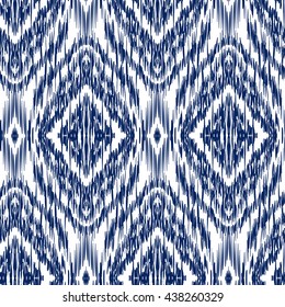 Seamless pattern Tribal Art Ikat Ogee in traditional classic blue and white colors. Boho style.