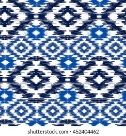 Seamless pattern Tribal Art Ikat Ogee in traditional classic blue and white colors. Boho style.