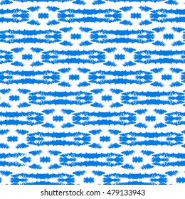 Seamless pattern Tribal Art Ikat Ogee in traditional classic blue and white colors. Boho style.