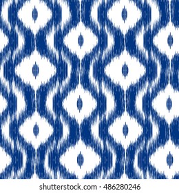 Seamless pattern Tribal Art Ikat Ogee in traditional classic blue and white colors. Boho style.