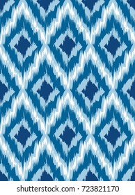 Seamless pattern Tribal Art Ikat Ogee in traditional classic blue and white colors. Boho style. Vector illustration