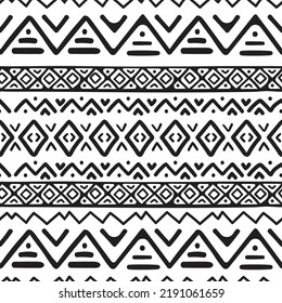 Seamless pattern with tribal aztec motives. Black and white abstract wallpaper in boho style with hand drawn elements. 