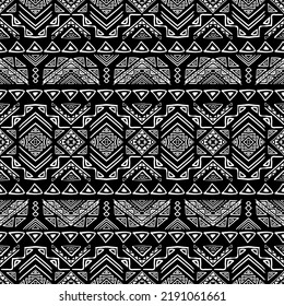 Patrón sin foco con motivos tribales aztecos. Papel de pared abstracto en blanco y negro en estilo boho con elementos dibujados a mano. 