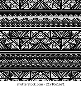 Seamless pattern with tribal aztec motives. Black and white abstract wallpaper in boho style with hand drawn elements. 