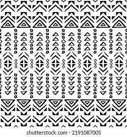 Seamless pattern with tribal aztec motives. Black and white abstract wallpaper in boho style with hand drawn elements. 