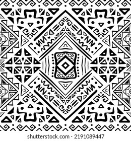Seamless pattern with tribal aztec motives. Black and white abstract wallpaper in boho style with hand drawn elements. 