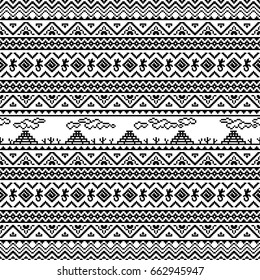 Seamless pattern with tribal aztec motives. Black and white abstract wallpaper in boho style.