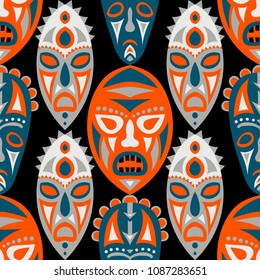 Seamless Pattern. Tribal Seamless Background with Ritual Masks for Poster or Banner. Ethnic Seamless Pattern with Color Trible Shamanic Masks for your Design. Vector Texture.