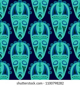Seamless Pattern. Tribal Seamless Background with Ritual Masks for Print or Card. Ethnic Seamless Pattern with Color Trible Shamanic Masks for your Design. Vector Texture.
